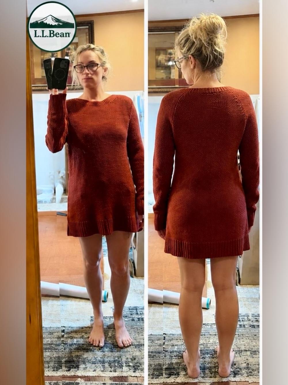 L.L.Bean Signature 💯 Merino Wool Ribbed Knit Crew Neck Sweater Dress Rust